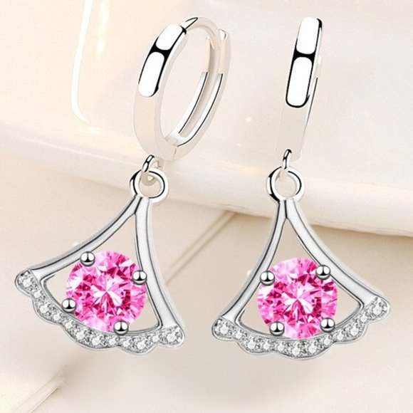 925 sterling silver pink crystal zircon skirt drop earrings for Woman, K324